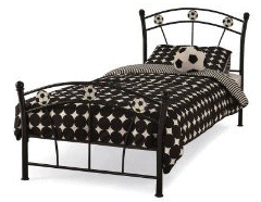 Fantastic metal bed for that young football fanatic. Glossy black finish with black and white footbal motif.