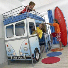 fun and unique campervan design. Climb the ladder to reach the top bunk bed while underneath and 'inside' the van the bed has a number of cool features. At the rear, the bed includes a bench with fabric seat cushions for children to sit comfortably. Two storage drawers can be found underneath the bench and can be used to neatly pack away clothes, toys or even books. At the front of the van the bed features a convenient desk and is a great place for children to complete their homework or use a computer.